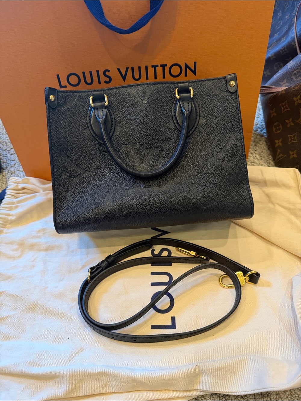 Louis Vuitton Black Embossed Monogram Satchel with Gold Hardware